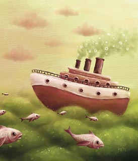 Desenho de um barco cruzando o oceano (Título: A sea..., Autor: Pete Revonkorpi)