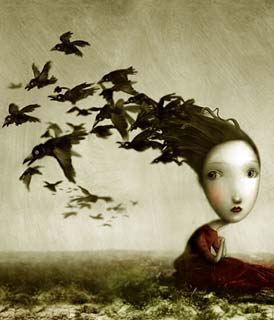 Desenho de uma menina melancólica, com pássaros (Título: Crows, Autor: Nicoletta Ceccoli)