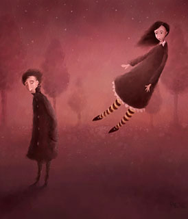 Ilustração de um homem e de uma mulher separando-se (Título: Once Upon an Autumn Night, Autor: Pete Revonkorpi)
