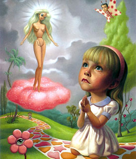 Uma menina triste, rezando diante de uma boneca Barbie (Título: Saint Barbie, Autor: Mark Ryden)
