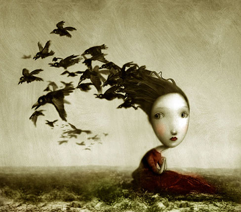 Dibujo de una niña melancólica, con pájaros (título: Crows, autor: Nicoletta Ceccoli)