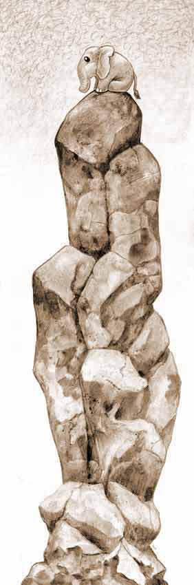 Dibujo de un elefante sobre una roca muy alta (Título: Looking for the Herd, Autor: Ursula Vernon)