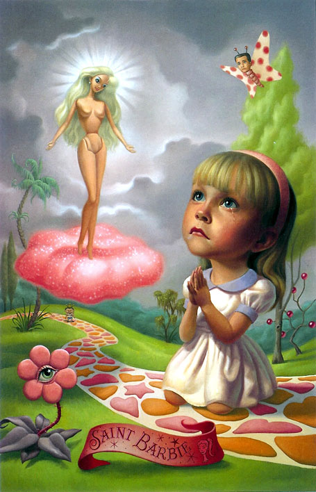 Una niña triste, rezando frente a una muñeca Barbie (Título: Saint Barbie, Autor: Mark Ryden)