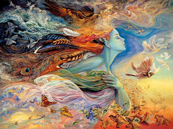 Ilustración de un espíritu femenino que representa al vuelo y al viento (Título: The Spirit of Flight, Autor: Josephine Wall)