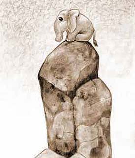 Dibujo de un elefante sobre una roca muy alta (Título: Looking for the Herd, Autor: Ursula Vernon)