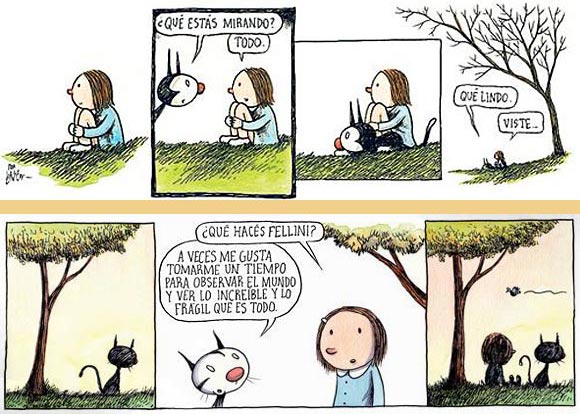 Historietas de Enriqueta y Fellini, por Liniers