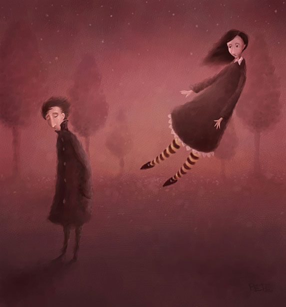 Ilustración de un hombre y una mujer separándose (Título: Once Upon an Autumn Night, Autor: Pete Revonkorpi)
