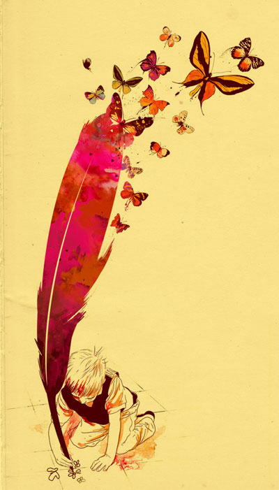 Un niño dibujando mariposas con una pluma (Título: Unlimited Thought; Autor: Mathiole)