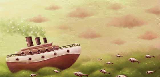 Dibujo naif de un barco cruzando el océano (Título: A sea..., Autor: Pete Revonkorpi)