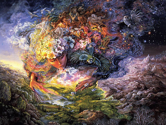 Ilustración della dea Gaia, mentre dà vita alla Tierra (Titolo: Breath of Gaia, Autrice: Josephine Wall)