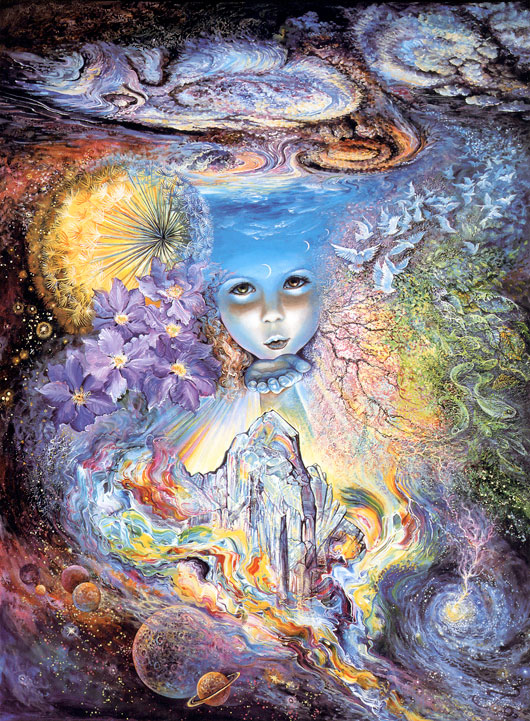 Ilustração de uma menina enviando um beijo através do tempo e do espaço (Título: Child of the Universe, Autor: Josephine Wall)