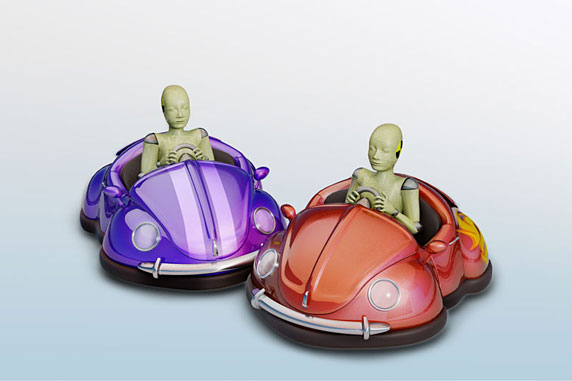 Illustrazione 3D di due crash test dummies nei paraurti delle auto