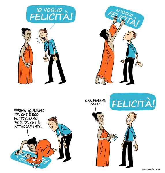 Caricatura di un monaco zen che ciinsegna a essere felici