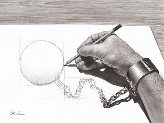 Dibujo de una mano que dibuja su propio grillete (Título: Prisoner of my own, Autor: Henrik Moses)