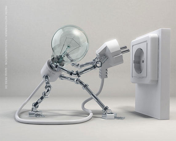 Ilustración en 3D de una lámpara eléctrica conectándose a sí misma (Título:Selfillumination; Autor: André Kutscherauer)