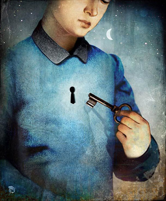 Un niño con una llave, a punto de abrir su corazón (Unlock, by Christian Schloe)