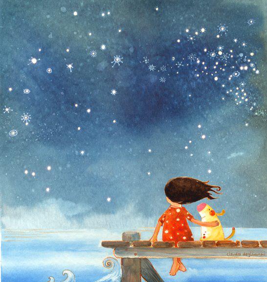 Ilustración de Claudia Degliuomini (una niña y su perro admirando el cielo nocturno).