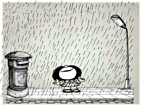 Mafalda disfrutando de la lluvia