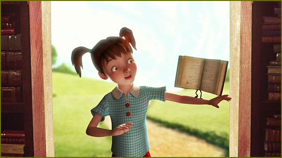 Ilustración de una niña sonriendo, con un libro.