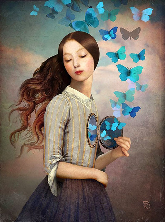 Una mujer libera mariposas encerradas en su corazón (Set Your Heart Free, by Christian Schloe)