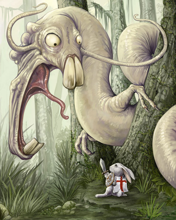 Dibujo de un pequeño conejo enfrentando a un monstruo (Título: 'Sir Bunny Vs The Wockwurm', Autor: 'Ursula Vernon')